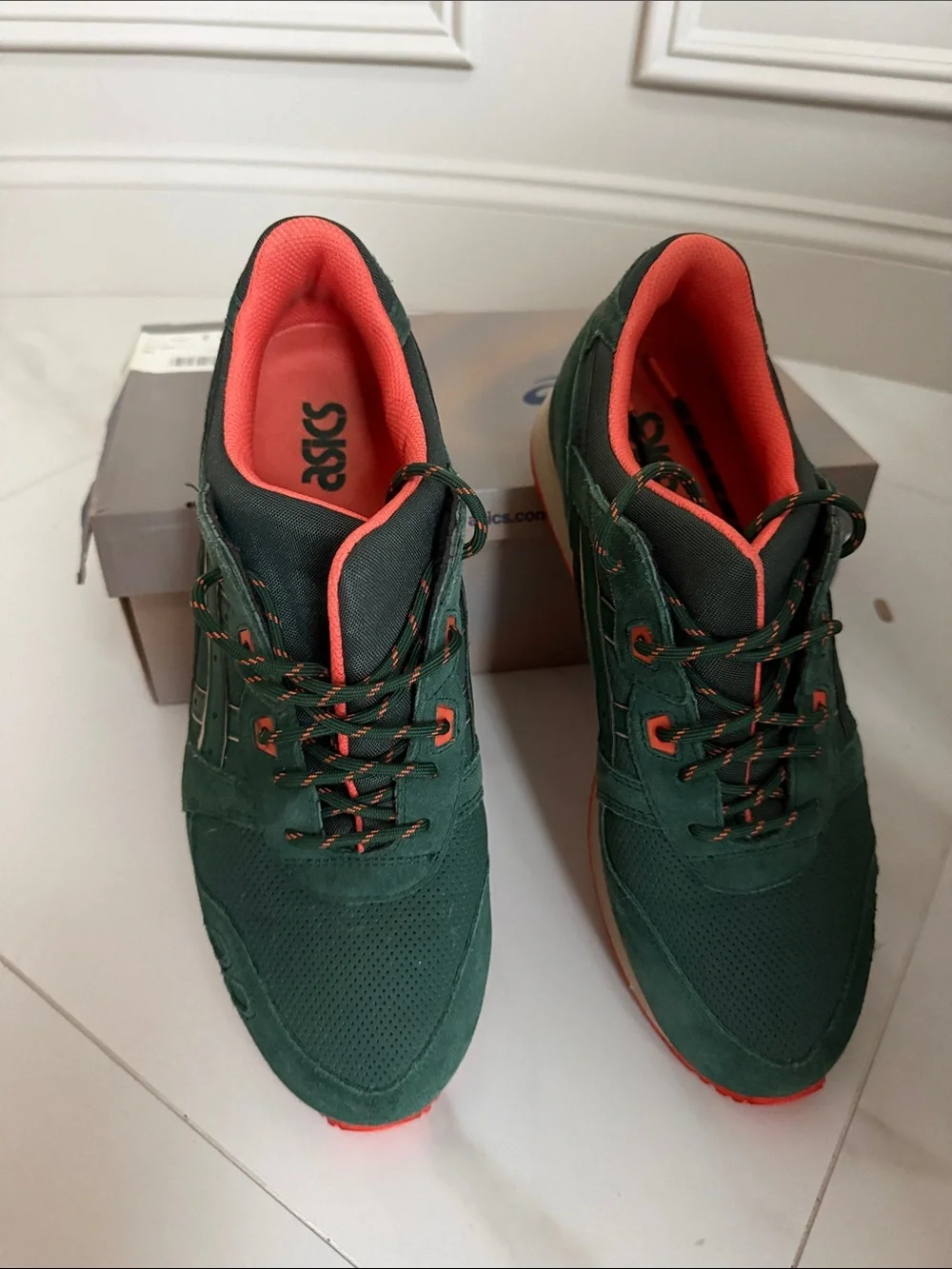 ASICS Men's Green Suede Athletic Sneakers with Coral Accents